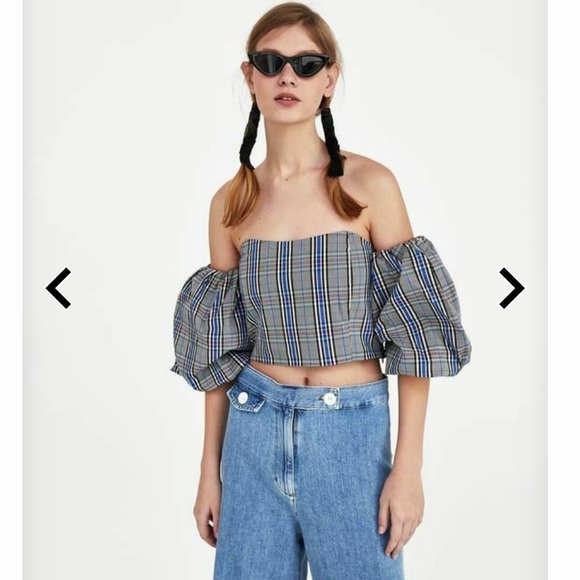 Zara Plaid Crop Top Off the Shoulder Puffy Sleeves